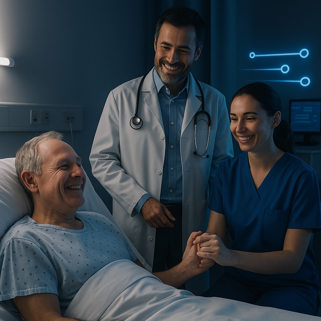 Happy healthcare staff with patient showing improved care experience