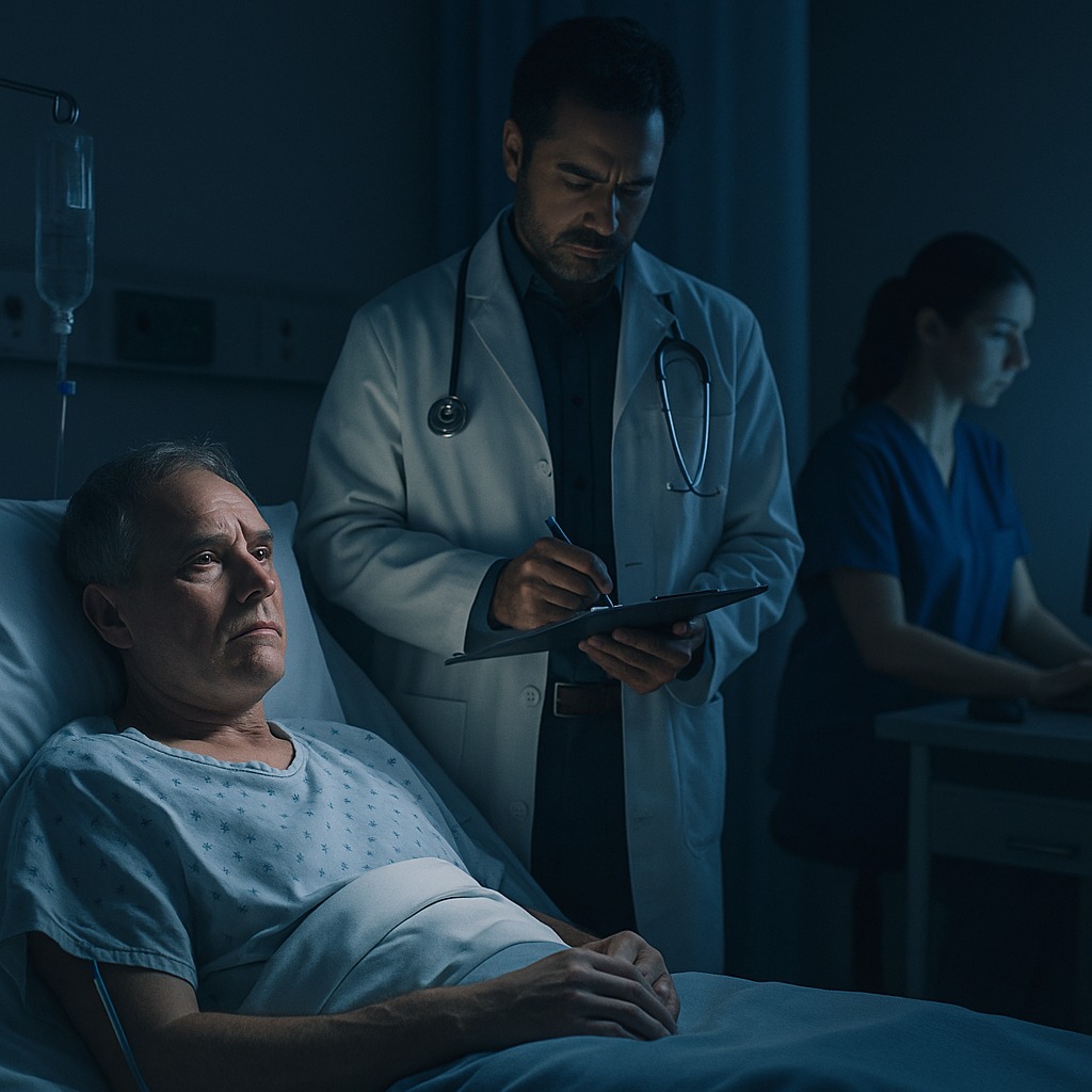 Healthcare staff looking concerned while reviewing patient records