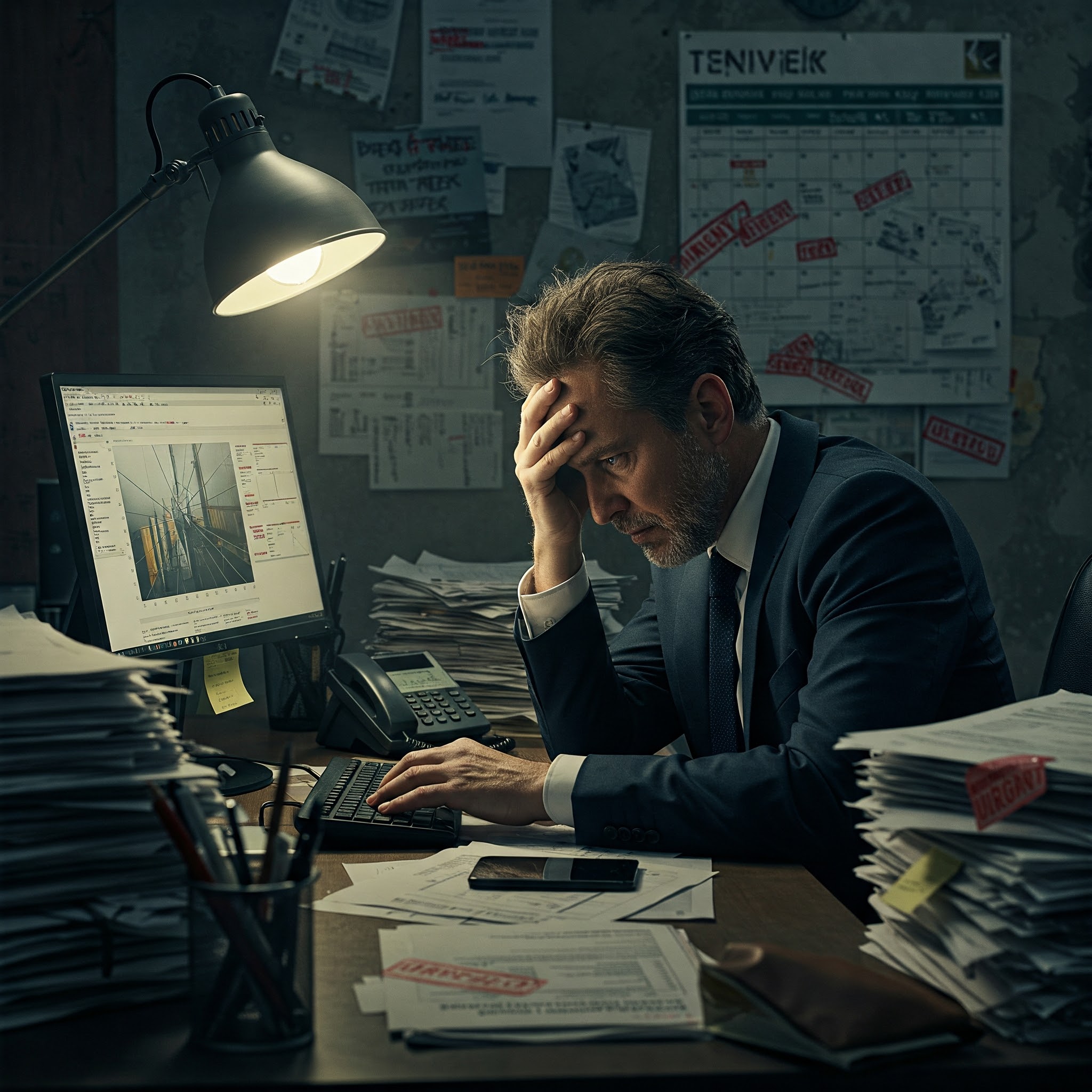 Overwhelmed property manager with stacks of overdue maintenance requests