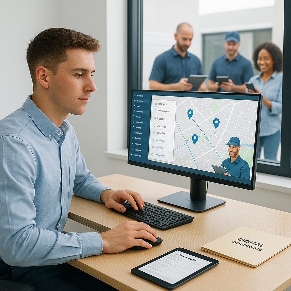 Logistics manager using digital workflow solutions for dispatching